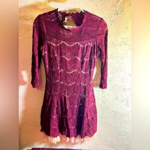 Lace Party Dress, by Francesca’s, wine&nude
Tulle hem ruffle cut out back detail